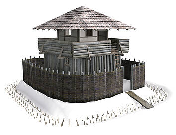 Een reconstructie van een Romeinse wachttoren met een verdieping.