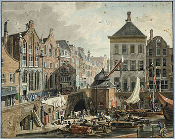 Drukte in de Oudegracht ter hoogte van de stadskraan bij het stadhuis, circa 1800. (Het Utrechts Archief)