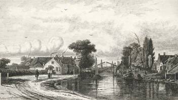 Ets uit 1858 van het Zandpad langs de Vecht, met op de achtergrond de Rode brug