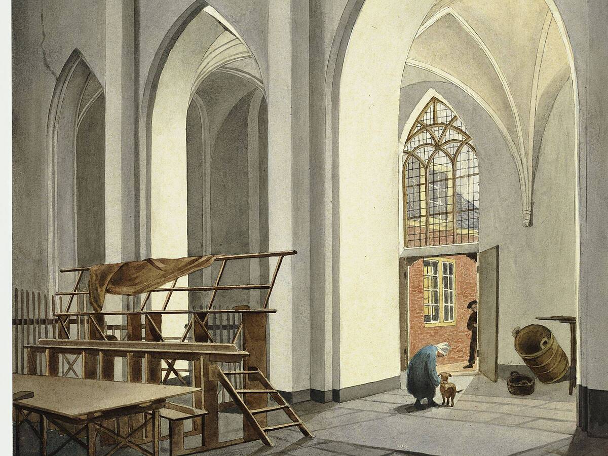 Interieur van de Weeskerk omstreeks 1830. (Het Utrechts Archief)