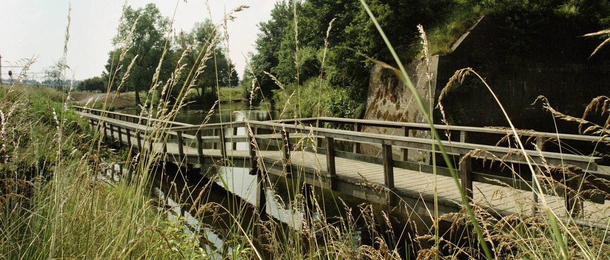 Gezicht op de fiets- en voetgangersbrug in het Ravelijnpad in het Beatrixpark te Utrecht; rechts het Lunet 3. (Collectie Het Utrechts Archief)