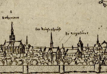 De kloosterkerk van het Duitse Huis omstreeks 1570 op een panorama van M. van Hoorn.
