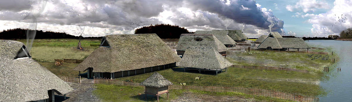 Afbeelding 3D, oude woningen uit de Vroege middeleeuwen