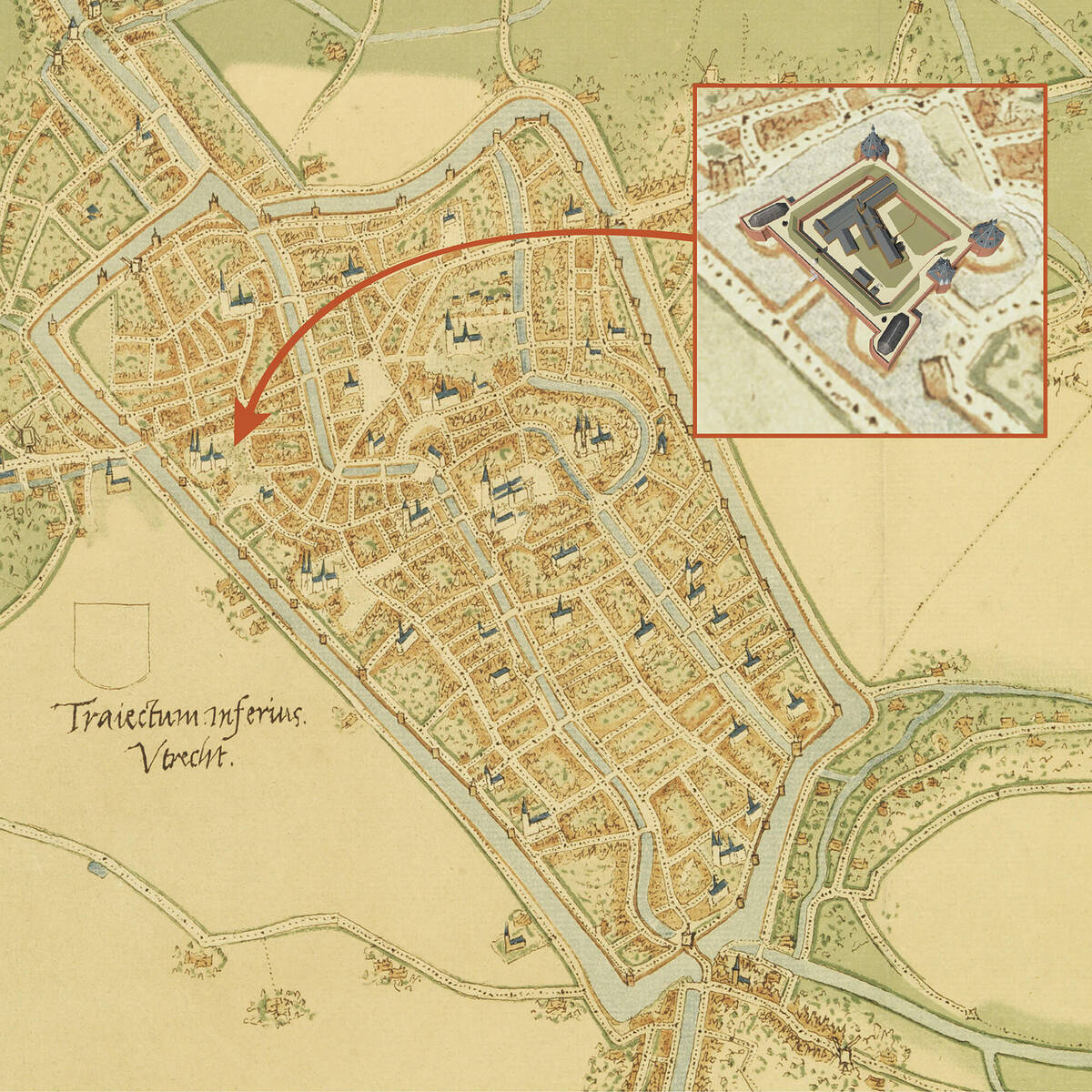 Klik om te vergroten, afbeelding van een kaart van Utrecht met de plek van Kasteel Vredenburg