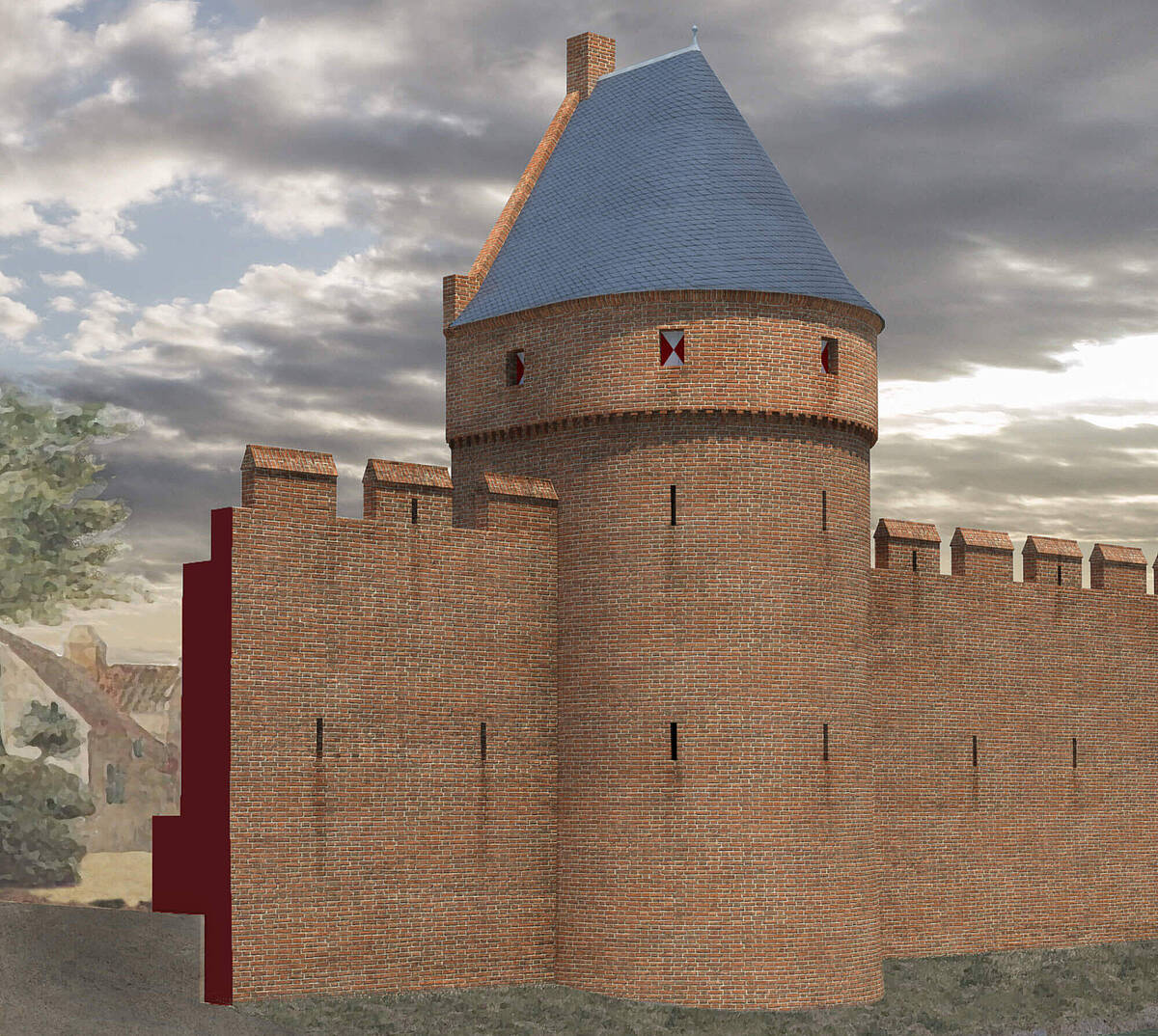 Klik om te vergroten, digitale weergave van de laatmiddeleeuwse muur en een wachttoren