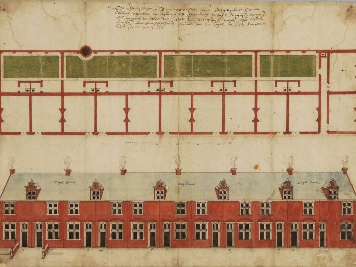 Op de tekening lijkt het te gaan om nieuwbouw, maar in werkelijkheid bouwden ze enkele oude kloostergebouwen om tot woningen.