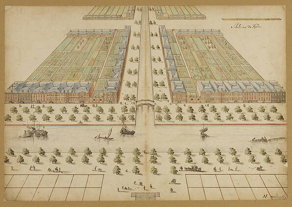 Het plan van Moreelse met op de voorgrond de Stadsbuitengracht (de singel). (1663, A. Lobberecht) (klik om te vergroten)