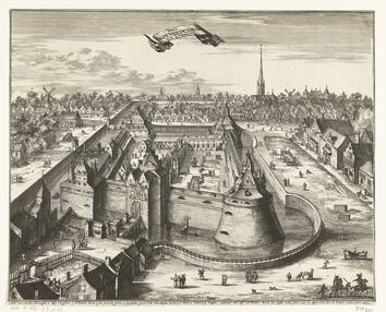 De Vredenburg naar een anoniem schilderij uit circa 1540 op een gravure van Coenraad Decker uit 1656. De gevel van de poort is versierd met beeldhouwwerk. Rijksmuseum, Amsterdam