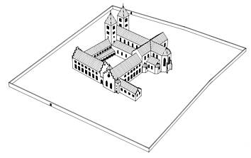 Een afbeelding van de Paulusabdij na de herbouw na de grote stadsbrand uit 1253. De tufstenen kerk uit de 11e eeuw werd gerestaureerd. De kloostergebouwen werden opnieuw gebouwd met baksteen. Het is niet duidelijk wat er voor bijgebouwen rondom de abdij stonden. (Tekening Hein Hundertmark)