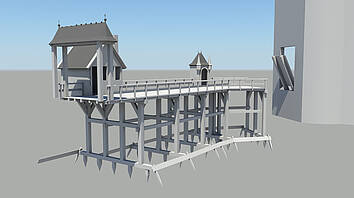 3D-reconstructie van de zuidelijke toegangsbrug van kasteel Vredenburg. Daan Claessen, Erfgoed gemeente Utrecht