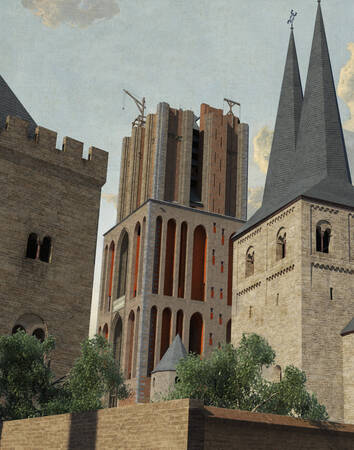 Ontwerp van de Domtoren van rond 1356. De klokkenstoel is al grotendeels achter de muren van het tweede vierkant verdwenen