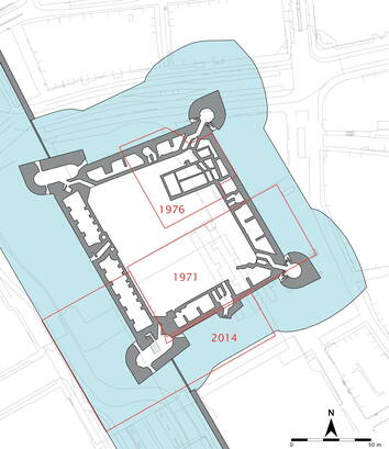 Plattegrond van kasteel Vredenburg met de ligging van de belangrijkste opgravingen uit 1971, 1976 en 2014.