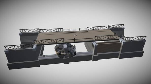Een impressie van het ontwerp van de brug. In het midden de archeologische opgraving. Met een dubbele rij houten balken waar de pijlers in zakken.