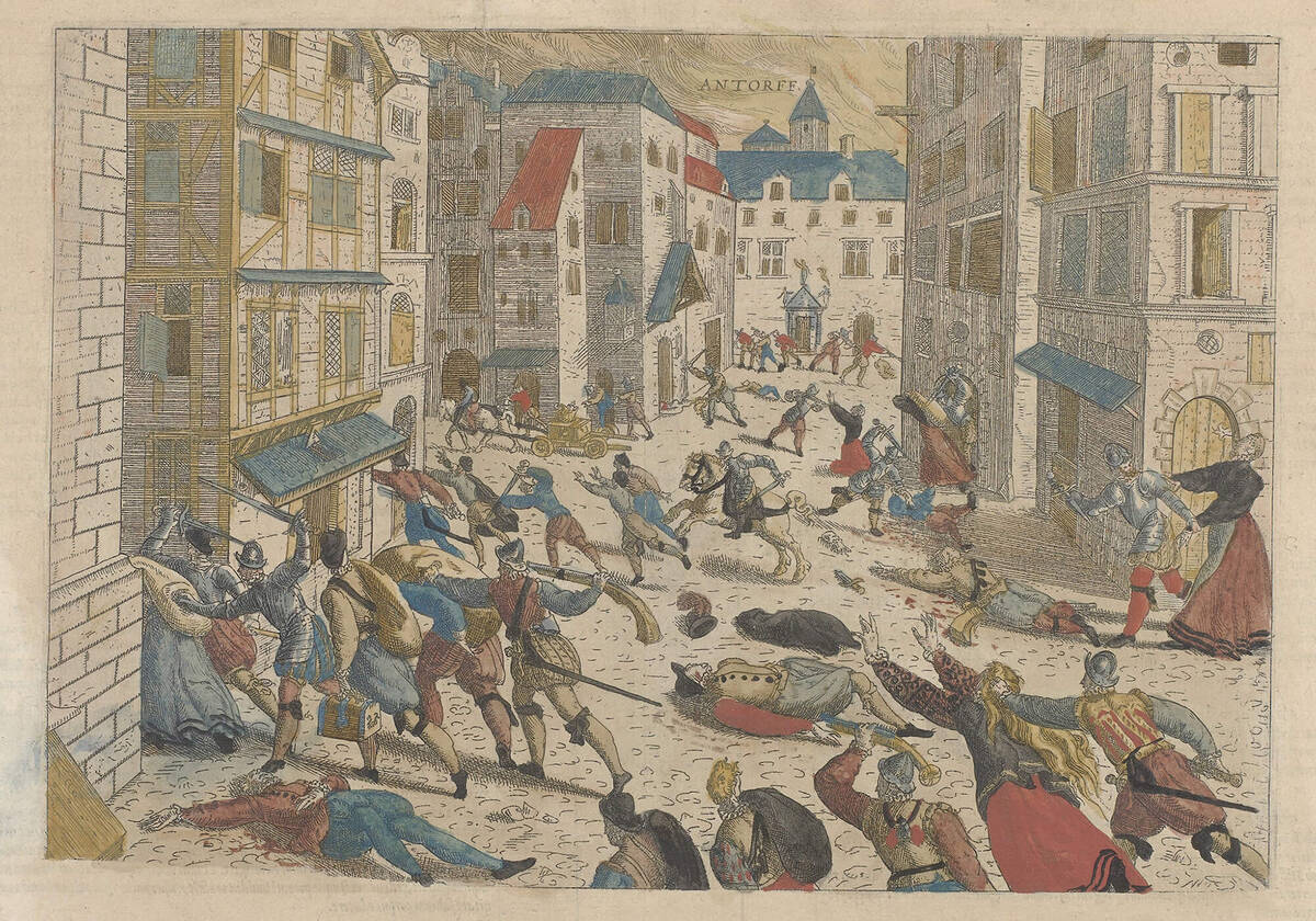 Klik om te vergroten, prent van Spaanse soldaten in de straten van Antwerpen