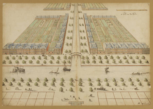 Het plan van Moreelse met op de voorgrond de Stadsbuitengracht (de singel). (1663, A. Lobberecht) (klik om te vergroten)