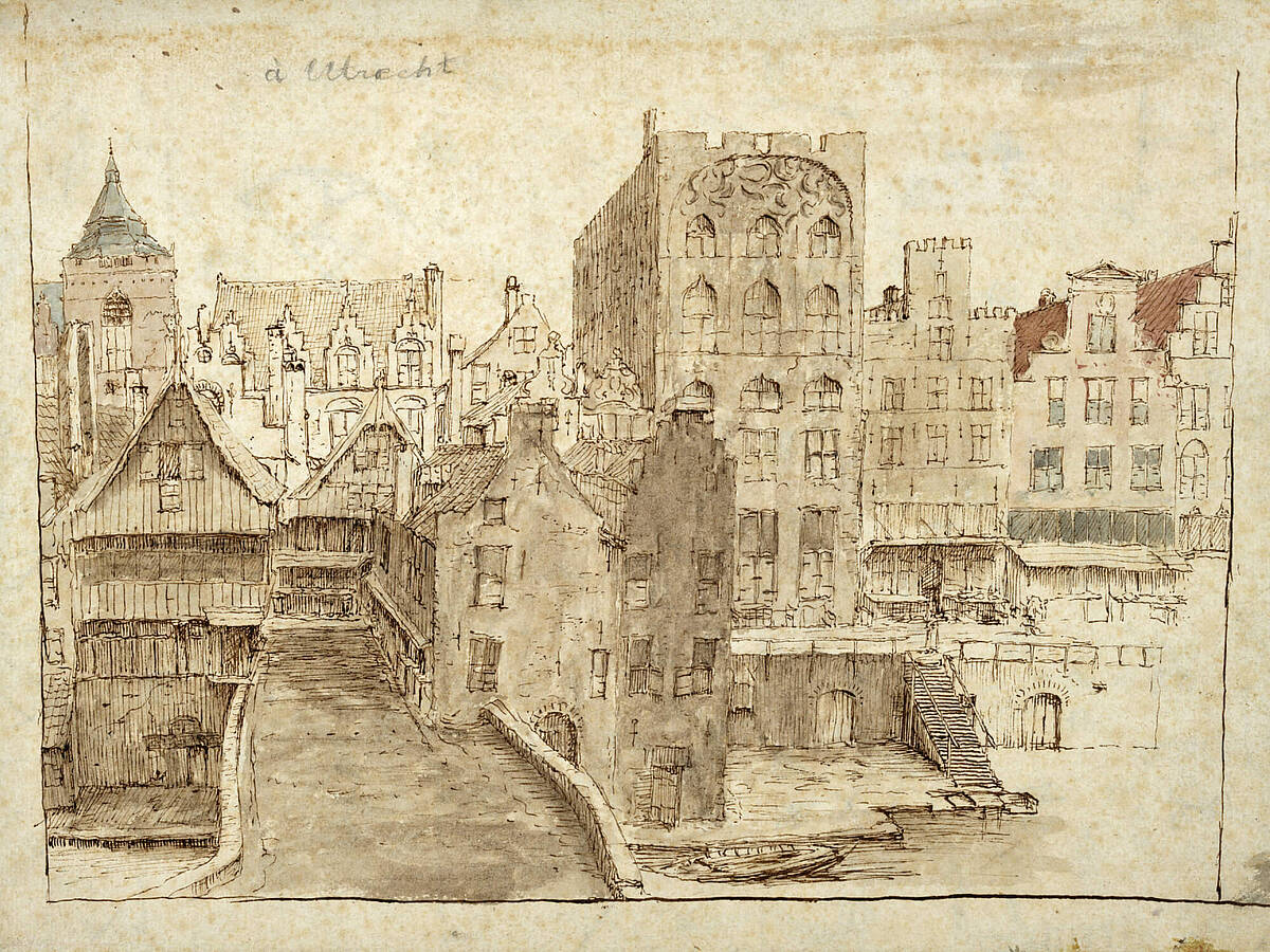 Anonieme tekening van de oostzijde van de Oudegracht, rond 1660