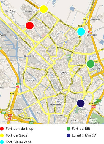 kaart met ligging forten: Fort aan de Klop, 1e Polderweg 4. Fort de Gagel, Gageldijk 161. Fort Blauwkapel, Kapelweg. Fort De Bilt, Biltsestraatweg. Fort Lunet I, Lunet I 1, Fort Lunet II, Koningsweg 133C, Fort Lunet III, Houtensepad 150, Fort Lunet IV, Oude Liesbosweg 68.