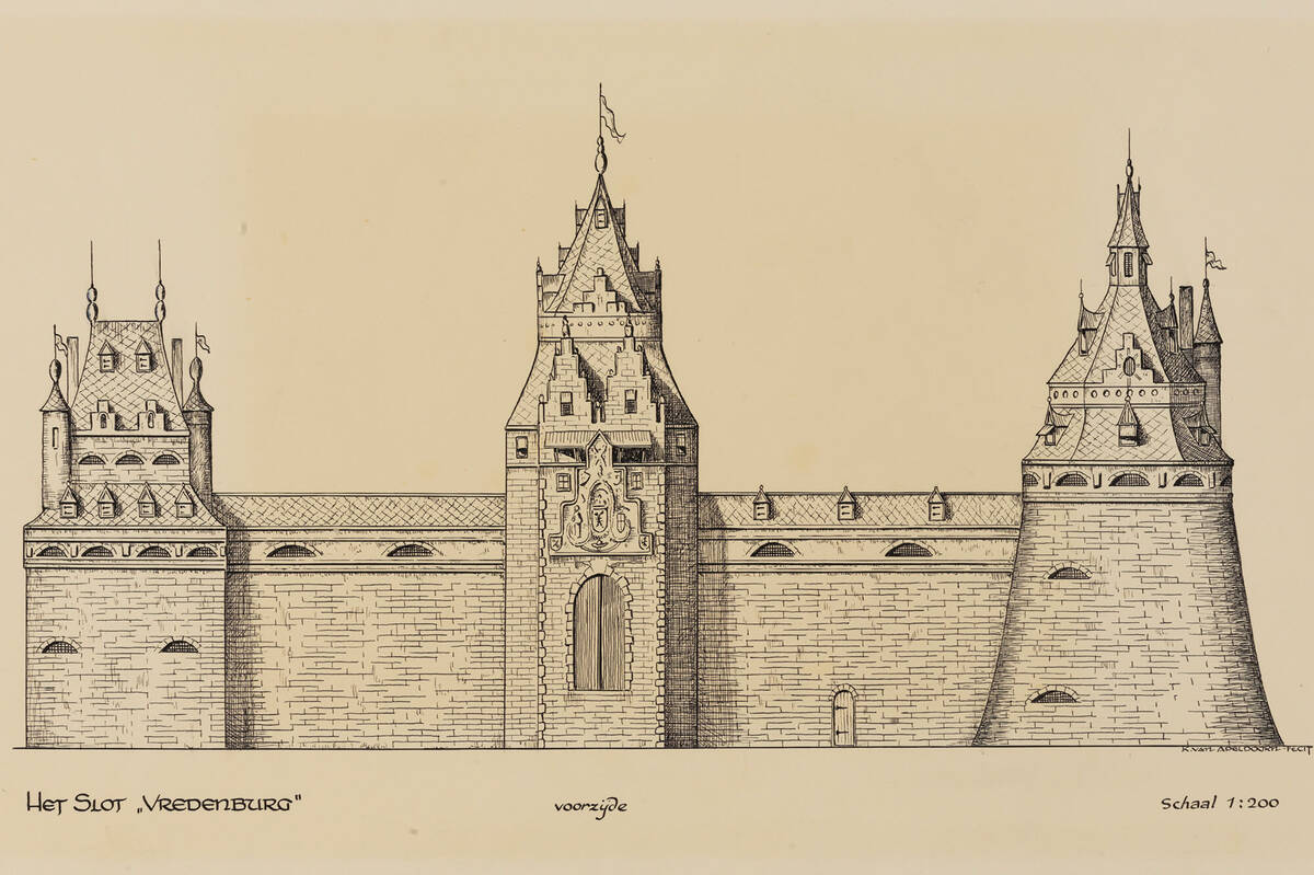 Klik om te vergroten, reconstructie van kasteel Vredenbrug