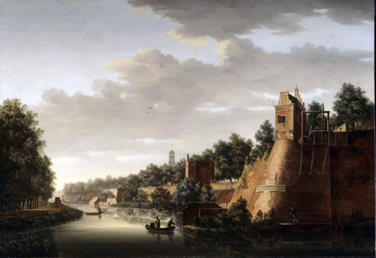 Gezicht op de stadsmuur met rechts bastion Zonnenburg in 1758. (Pieter Jan van Liender, particuliere collectie) 