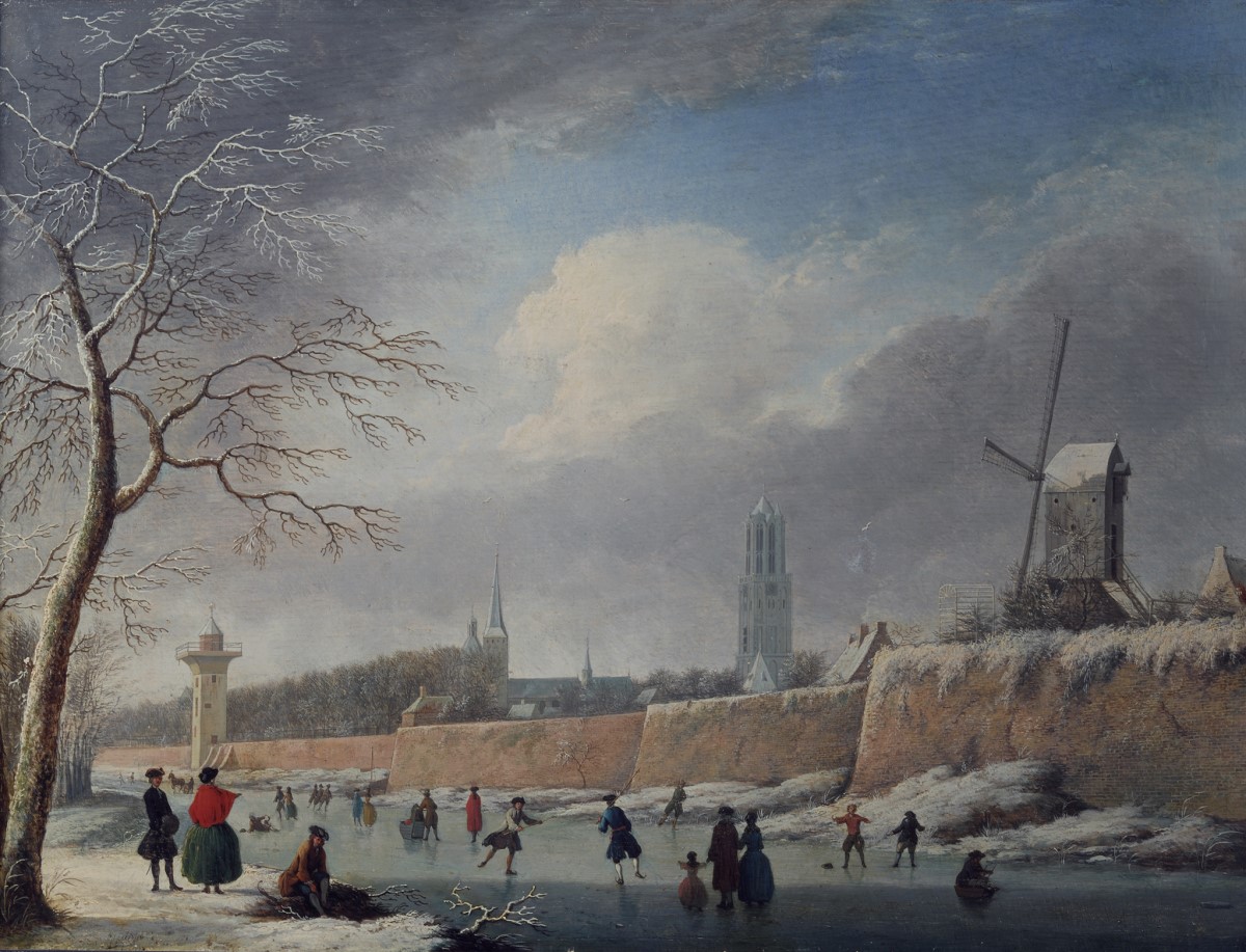 De singel in de winter van 1730 met links de Smeetoren. Rechts nog een deel van bastion Sterrenburg met molen De Sprokkel. (Jan ten Compe, Centraal Museum Utrecht)